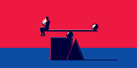 Various geometric shapes in an abstract style and a person reading a phone or electronic device.のイラスト素材