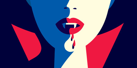 Close up of a vampire woman with fangs and dripping blood. Mythical character or evil.のイラスト素材