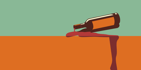 A bottle of wine fell and spilled on the table. Vector illustration in retro style.のイラスト素材
