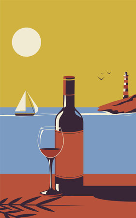 A bottle of wine and a glass of wine against the backdrop of a seascape. Recreation concept. Restaurant by the sea. Retro style.のイラスト素材