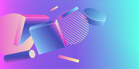 Futuristic abstract gradient bright background with various flying shapes. Zero gravity.