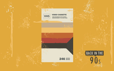 Retro background video cassette on a yellow background. Back to the 90s concept.のイラスト素材