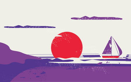 Vector illustration of sunset over the sea. Boat sails on the sea.のイラスト素材
