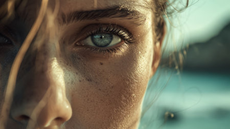 Portrait of a beautiful young woman with freckles in summer close-up. Lifestyle.の素材