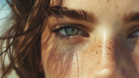 Portrait of a beautiful young woman with freckles in summer close-up. The concept of relaxation, beauty and enjoyment of life. Lifestyle.の素材