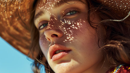 Portrait of a beautiful young woman with freckles in a hat close-up. Lifestyle.の素材
