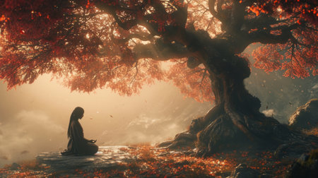 Illustration of a Japanese girl meditating under a tree.の素材