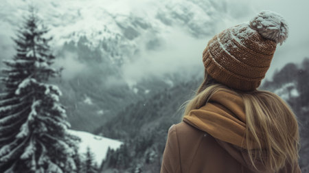 Rear view of a girl in a hat looking at a beautiful winter landscape.の素材