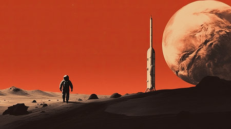 Illustration Mars exploration retro concept in sci-fi style.の素材
