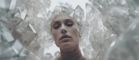 Close-up portrait of a woman with crystals on her head and around.の素材