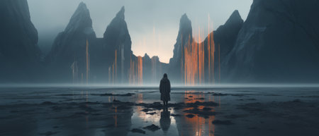 An illustration of a surreal fantasy world with lots of crystals.の素材