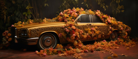 The car is covered with flowers. In a retro rococo style.の素材