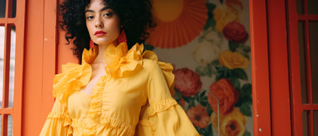 An authentic portrait of a Mexican woman in yellow.の素材