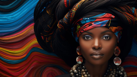 A close-up of an authentic portrait of an African woman in a colorful headdress.の素材