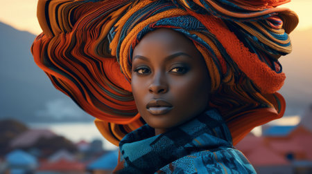 A close-up of an authentic portrait of an African woman in a colorful headdress.の素材