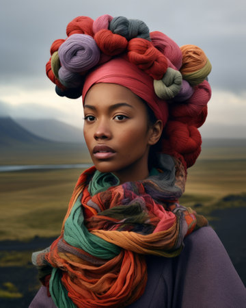 A close-up of an authentic portrait of an African woman in a colorful headdress.の素材