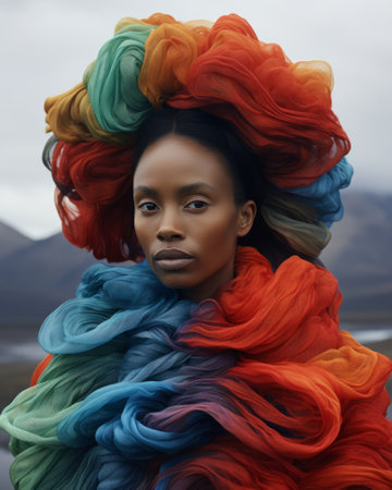 A close-up of an authentic portrait of an African woman in a colorful headdress.の素材