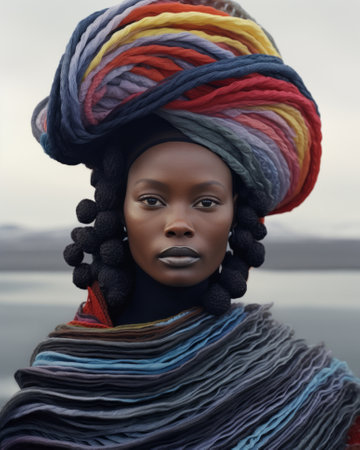 A close-up of an authentic portrait of an African woman in a colorful headdress.の素材