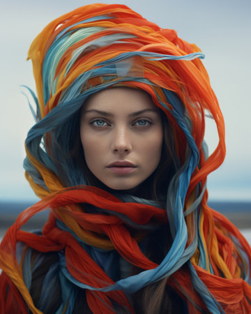 Close-up of an authentic portrait of a Caucasian woman in a close-up in a colored headdress.の素材