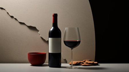 Still life an elegant bottle of red wine and a wine glass next to itの素材