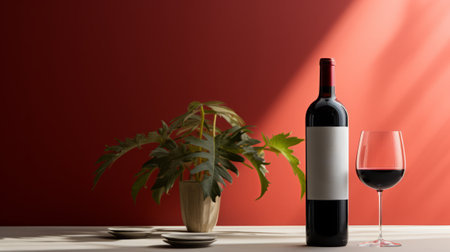 Still life an elegant bottle of red wine and a wine glass next to itの素材