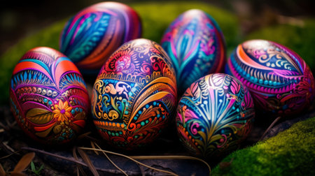 Unusual colorful festive Easter eggs with beautiful drawings.の素材