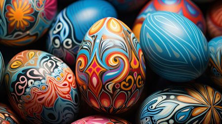 Unusual colorful festive Easter eggs with beautiful drawings.の素材