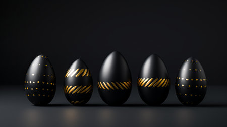 A set of festive Easter eggs in black and gold colors in a row.の素材