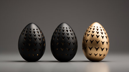 A set of festive Easter eggs in black and gold colors in a row.の素材