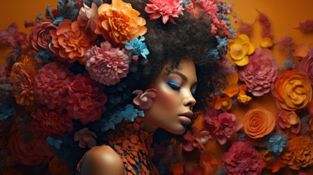 A close-up portrait of a beautiful young woman with flowers in her hair.の素材