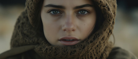 A close-up portrait of a beautiful young woman in a headdress in the desert.の素材