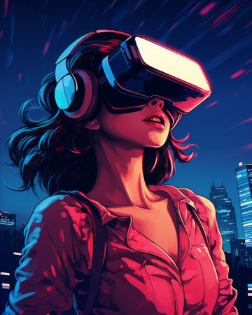 Retro style illustration of a beautiful young woman wearing virtual reality glasses.の素材