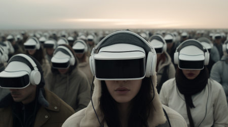 A large group of people wearing virtual reality glasses. The concept of addiction and propaganda.の素材