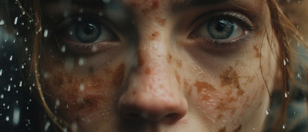 Close-up portrait of a beautiful young woman in the rain.の素材