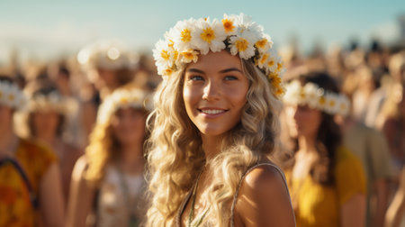 Portrait of a beautiful young hippie woman at a festival or outdoor event.の素材
