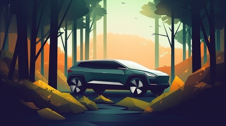 Illustration of a modern concept of an electric car against the background of a forest.の素材