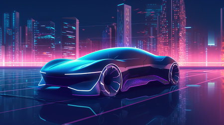 Illustration of a modern concept of an electric car on a city street in neon lighting.の素材