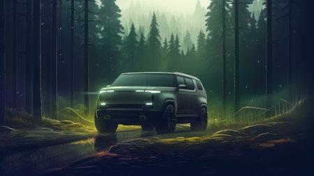 An illustration of a modern concept electric car SUV moving through the forest.の素材