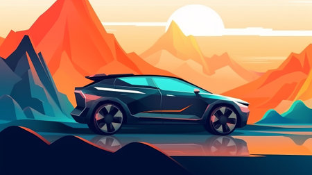 Illustration of a modern concept of an electric car against the background of nature.の素材