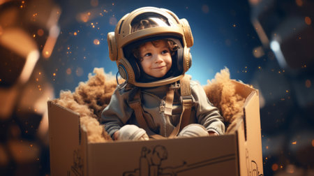 The child pretends that he is an astronaut on a rocket in space. Childhood dreams.の素材