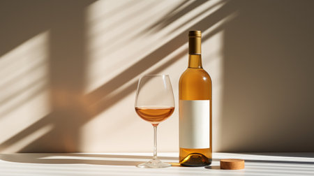 Still life an elegant bottle of white wine and a wine glass next to it.の素材