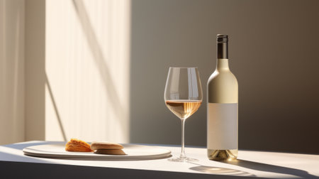 Still life an elegant bottle of white wine and a wine glass next to it.の素材