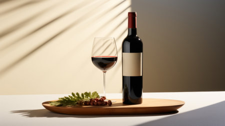 Still life an elegant bottle of red wine and a wine glass next to itの素材