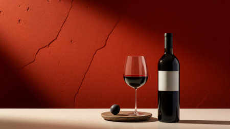 Still life an elegant bottle of red wine and a wine glass next to itの素材
