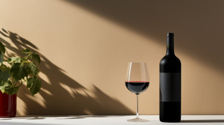 Still life an elegant bottle of red wine and a wine glass next to itの素材