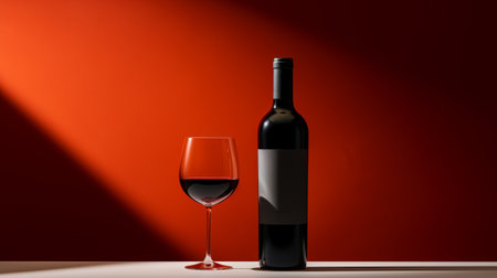 Still life an elegant bottle of red wine and a wine glass next to itの素材