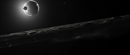 An illustration in monochrome or black and white of the solar system or outer space with planets and stars.の素材