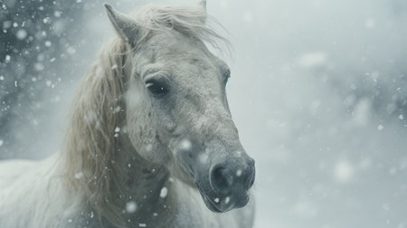 Close-up portrait of a white horse in winter in snowy weather.の素材