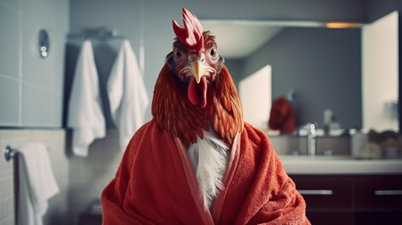A rooster in a bathrobe in the bathroom.の素材