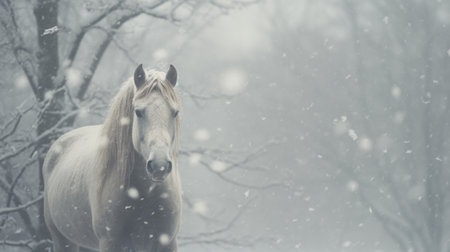 Close-up portrait of a white horse in winter in snowy weather.の素材